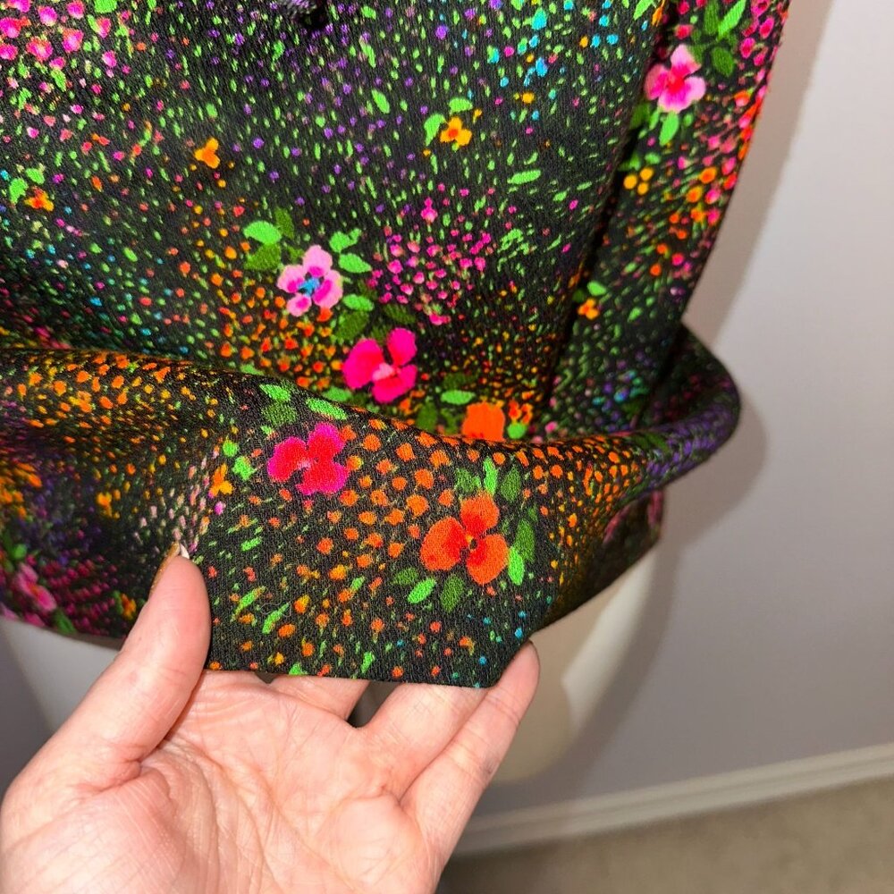 Vintage 70s Hawaiian Barkcloth Bright Floral Drawstring Neck Top Blouse Large L - Picture 5 of 5